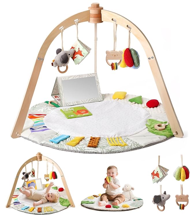 Wooden Baby Play Gym & Tummy Time Playmat – Montessori Sensory Activity Mat with 6 Developmental Toys for Fine Motor Skills – for Newborns to Toddlers (0–12M+)