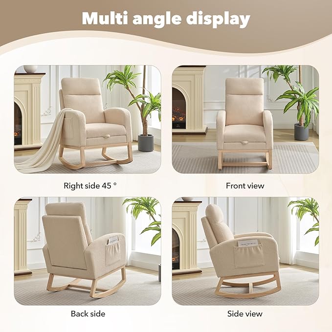 Rocking Chair Nursery, Nursing Rocking Chairs with Foot Rest for Mom Nursery, Rocker Glider Chair with High Backrest for Living Room, Bedroom, Upholstered Lounge Chair with Solid Wood Base for Relaxin