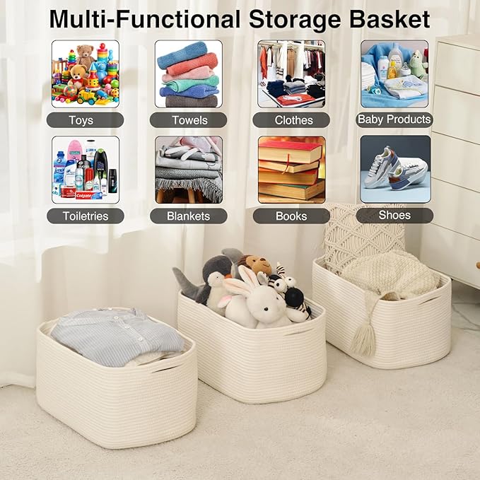 Large Storage Baskets for Organizing Shelves, Woven Cotton Rope Bins for Baby Nursery Organization, Book Toy Towel Organizer, 17"x13"x9.5", 3 Packs, Off White