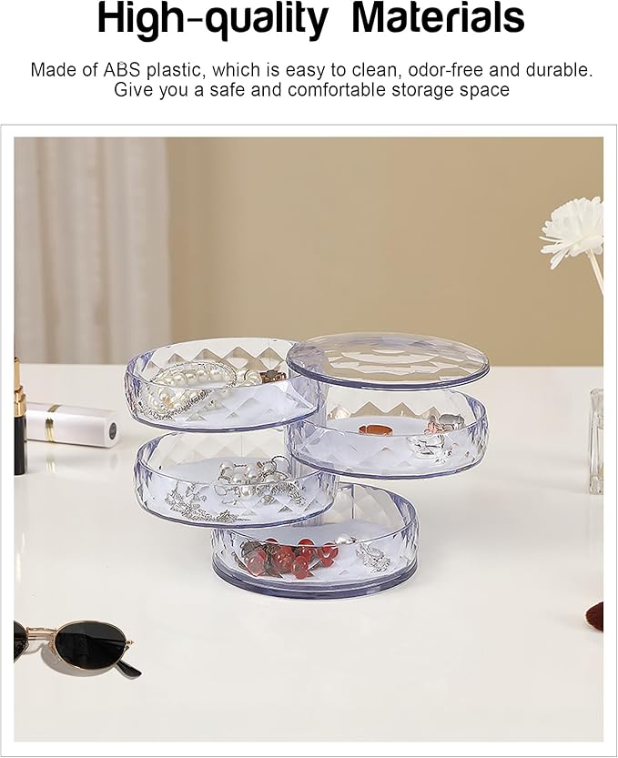 CONBOLA Acrylic Jewelry Organizer, Small Storage Box Jewelry Earring Holder for Women, 5-Layer Rotating Travel Jewelry Tray Case with Lid for Bracelet