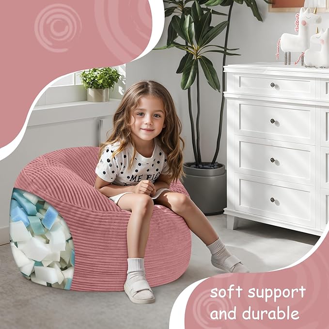 COMAX Kids Bean Bag Chair Turn into Beanbag Bed, Toddler Bean Chair Corduroy for Girl Boy Sleeping, Lazy Children Bean Bags with Filler, Convertible Child Floor Mattress, Light Pink