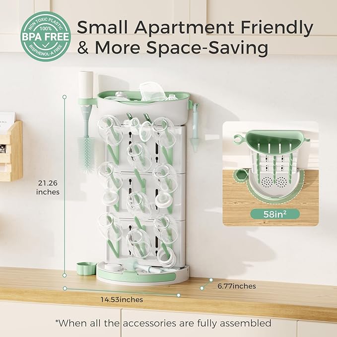 Momcozy DIY Larger Bottle Drying Rack for 18 Bottles, Space Saving Countertop Vertical Rack with Brushes Holder, Detachable Travel Bottle Rack for Baby Accessories & Pump Parts