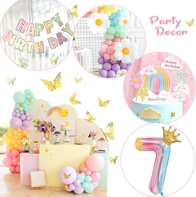 Pastel 7th Birthday Decorations for Girls 219Pcs Daisy Balloon Garland Kit, 18 10 5 Inch Pastel Rainbow Balloons Arch, Number 7 Balloons for 7 Year Old Birthday Party Decorations