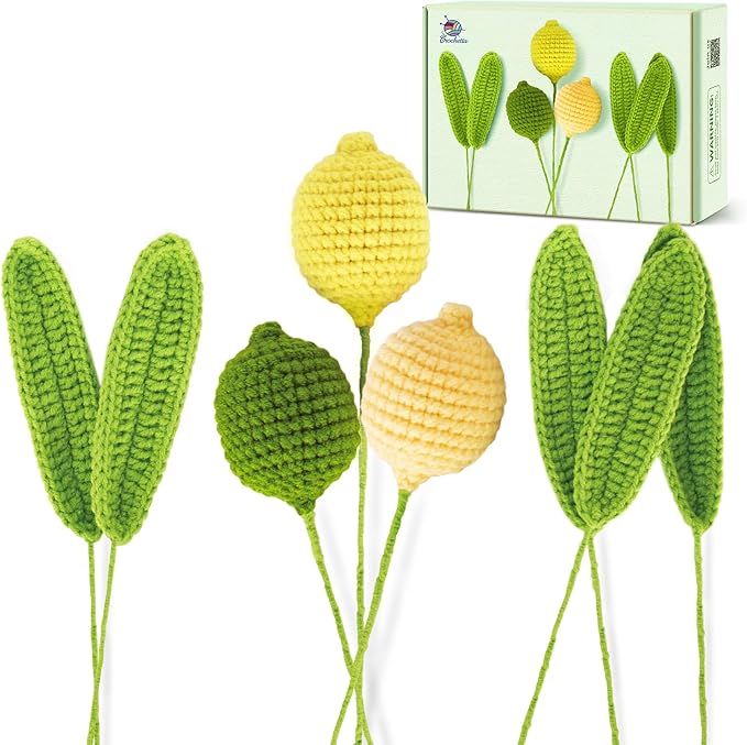 Crochetta Crochet Kit for Beginners, Crochet Kit w Step-by-Step Video Tutorials, Crochet Starter Kit Learn to Crochet Kits for Adults Kids Beginners, 3 Lemons Familly (40%+ Yarn Content)