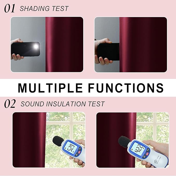 XWZO 100% Blackout Window Curtains - Thermal Insulated & Noise Reduction Black Liner Rod Pocket Window Treatment Sewn with Tiebacks for Bedroom/Living Room, Burgundy, W52 x L45, Set of 2