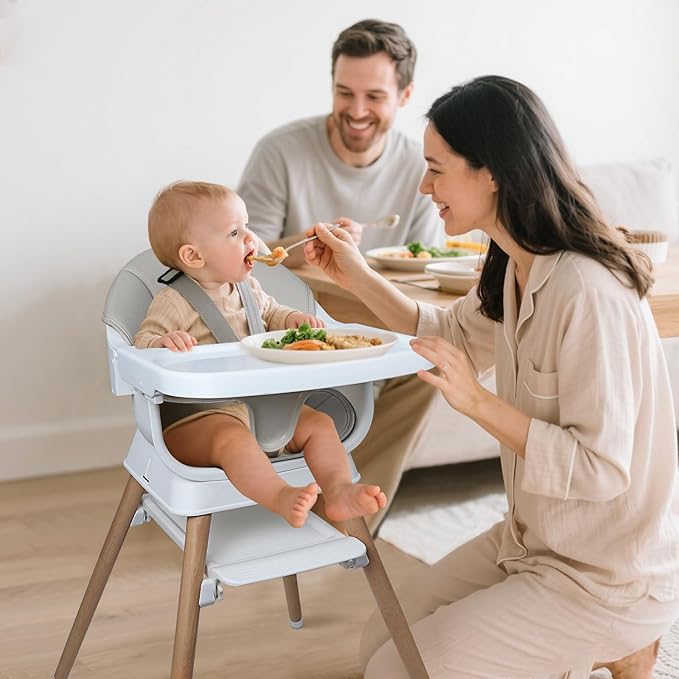 9 in 1 Convertible Baby High Chair with Booster, Wooden Highchair for Babies and Toddlers with Adjustable Tray & 5-Point Harness, Multi-Functional Growing Seat for Feeding, Learning & Play, Gray