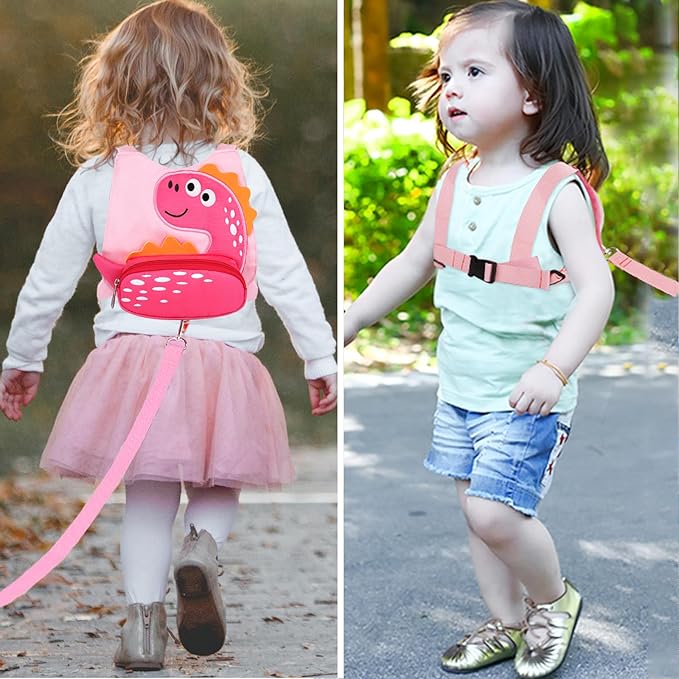 Toddler Leash Harness + Anti Lost Wrist Link, Accmor Cute Dinosaur Kids Harnesses with Leashes,3 in 1 Baby Walking Wristband Child Outdoor Anti-lsot Tether Rope Reins for Chidren Girls (Pink)