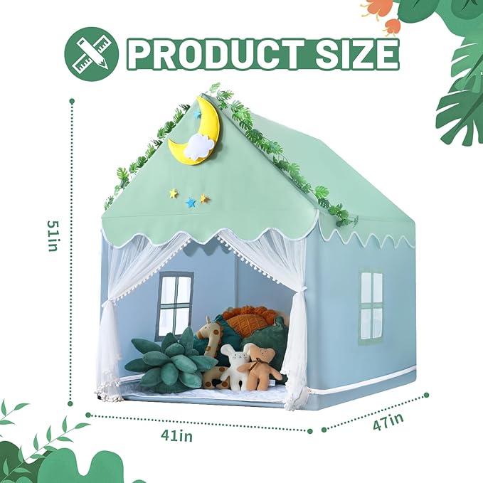 Wilwolfer Kid Tent with Mat, Star Lights - Kids Play Tents for Toddlers Kids Tents Indoor Playhouse - Princess Tent for Girls Toy House Gift (Green with Mesh)