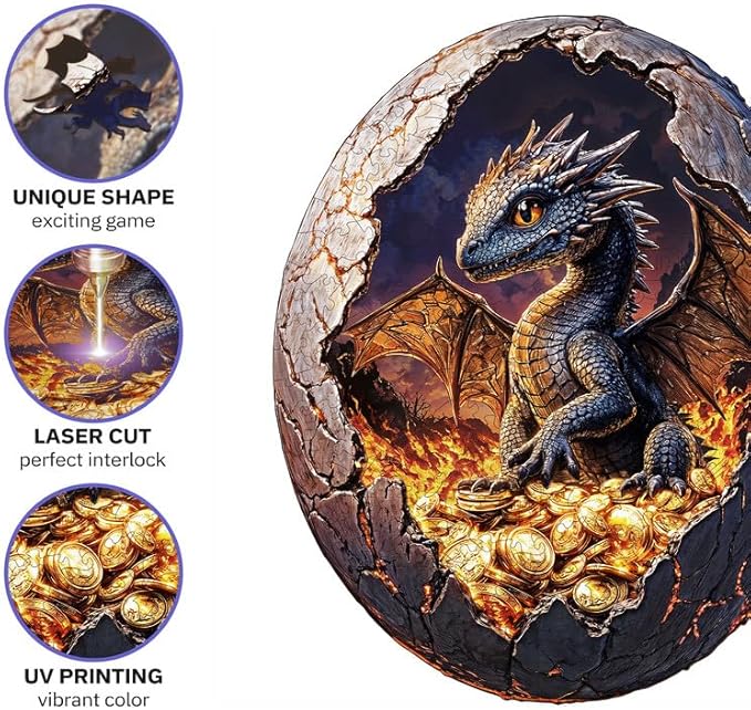 Jigfoxy Wooden Puzzle for Adults, Hatchling Dragon Wooden Jigsaw Puzzles for Adults, Unique Animal Shape Wood Cut Puzzles for Family Friend Puzzle Lovers(M-11.4 * 9.5in-190pcs)