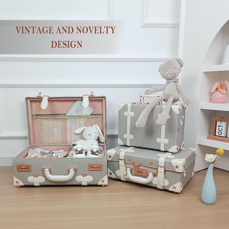 Unitravel Baby Keepsake Case, 18" Handmade Memory Storage Box, Newborn Keepsake Box, Vintage Suitcase for Baby Shower, Baptism, Naming Ceremony or Birthday (grey)