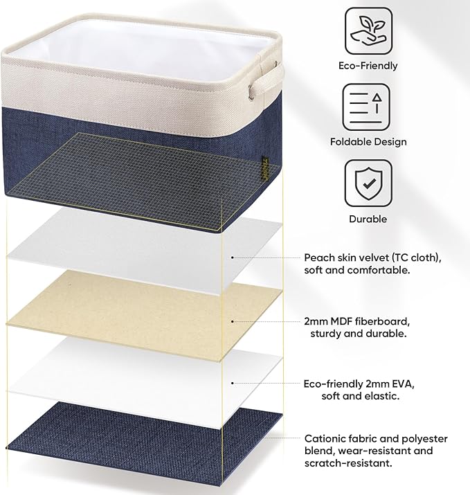 BALEINE 3 Pack Fabric Storage Bins for Shelves, Linen Storage Baskets for Organizing, Decorative Closet Bins for Clothes, Home (Navy Blue, 15"x11"x9.5")