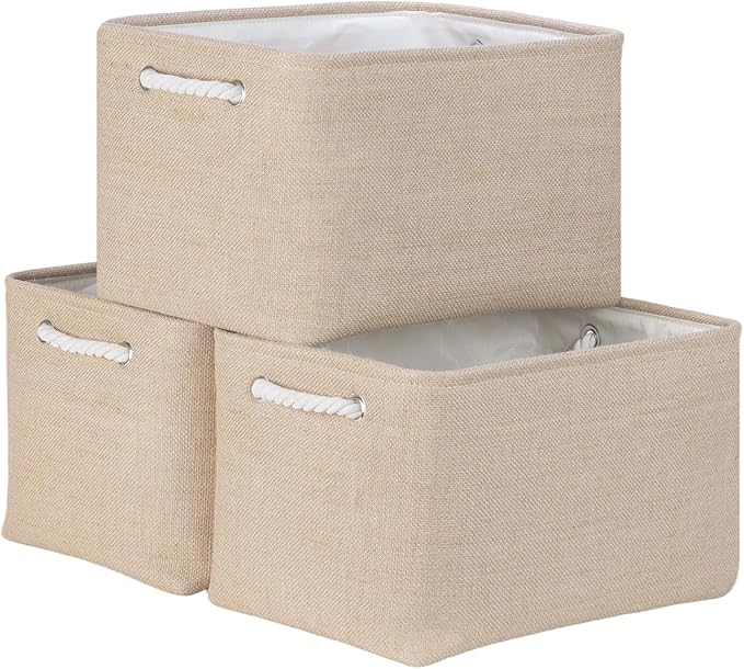 Bidtakay Large Storage Baskets for Shelves 3 Pack Fabric Storage Bins for Organizing Linen Collapsible Organizer for Closet-Flaxen