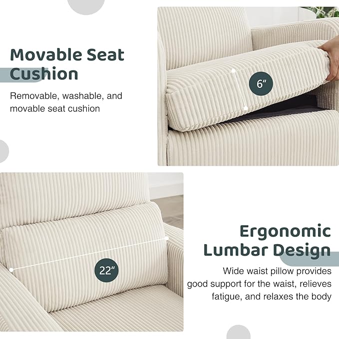 Swivel Rocker Recliner, Oversized Manual Nursery Glider Rocking Recliner Chair with Removable Cushion, Upholstered Swivel Reclining Chair for Nursery Living Room Bedroom, Corduroy White