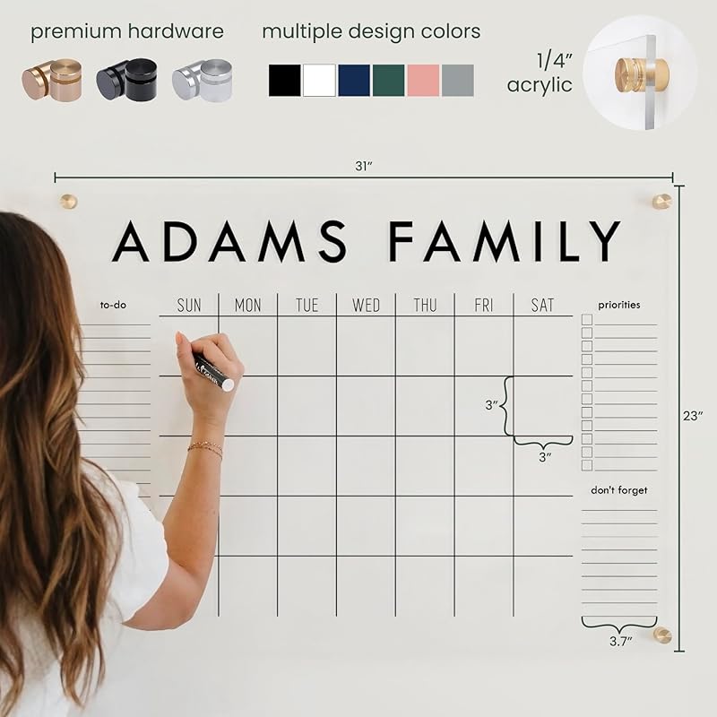 Personalized Clear Acrylic Calendar for Wall, Calendar Whiteboard for Wall, Dry Erase Wall Calendar, Wall Calendar Organizer System for Home (Block, Jade, 31"W x 23"H)