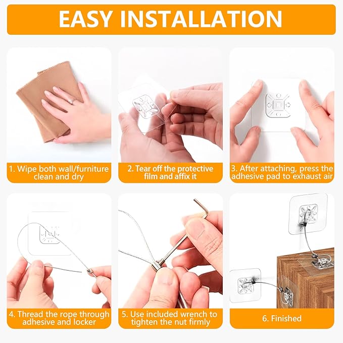 No Drill Metal Furniture Anchors (10 Packs) for Baby Proofing, 14" Adhesive Anti-Tip Furniture Wall Safety Straps for Child, Keep Toddlers & Pets Safe from Falling Furniture Like Dresser & Bookshelf