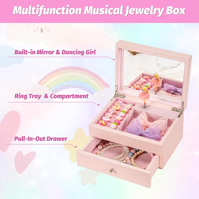 Miratino Music Jewelry Box Gifts for Girls, Wooden Kids Jewelry Boxes & Organizers with Spinning Dancer, Musical Jewelry Storage Gift for Little Girl Toddler Christmas Birthday New Year (Pink)