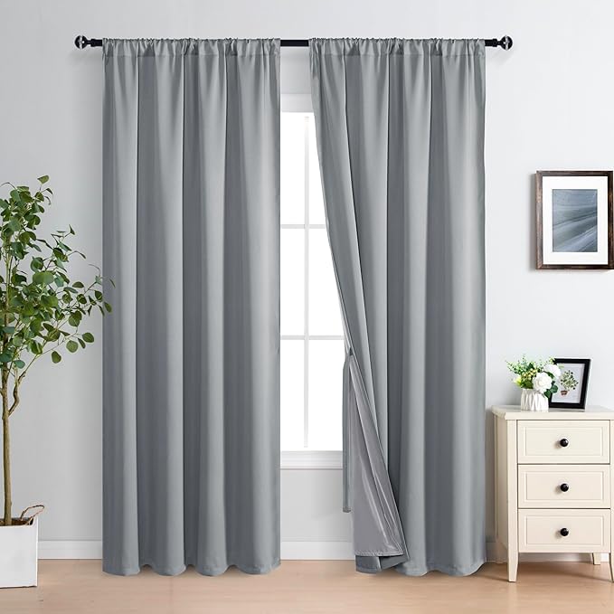 XWZO Blackout Curtains 84 Inches Long with Tiebacks- Rod Pocket Full Light Blocking & Energy Efficiency Extra Wide Window Draperies with Black Liner for Bedroom, Grey, W60 x L84, Set of 2