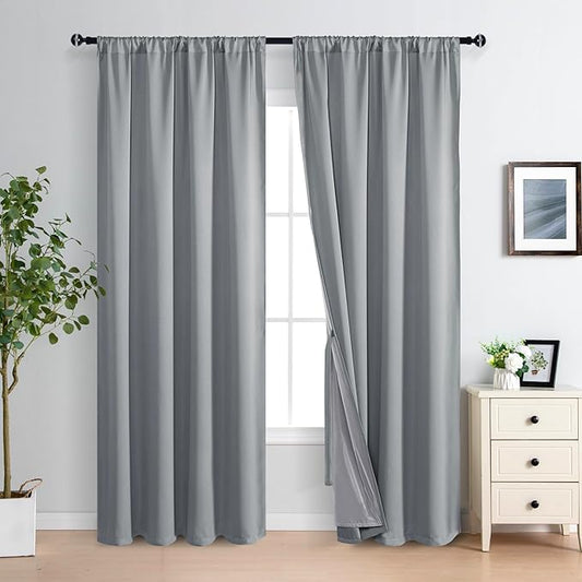 XWZO Blackout Curtains 84 Inches Long with Tiebacks- Rod Pocket Full Light Blocking & Energy Efficiency Extra Wide Window Draperies with Black Liner for Bedroom, Grey, W60 x L84, Set of 2