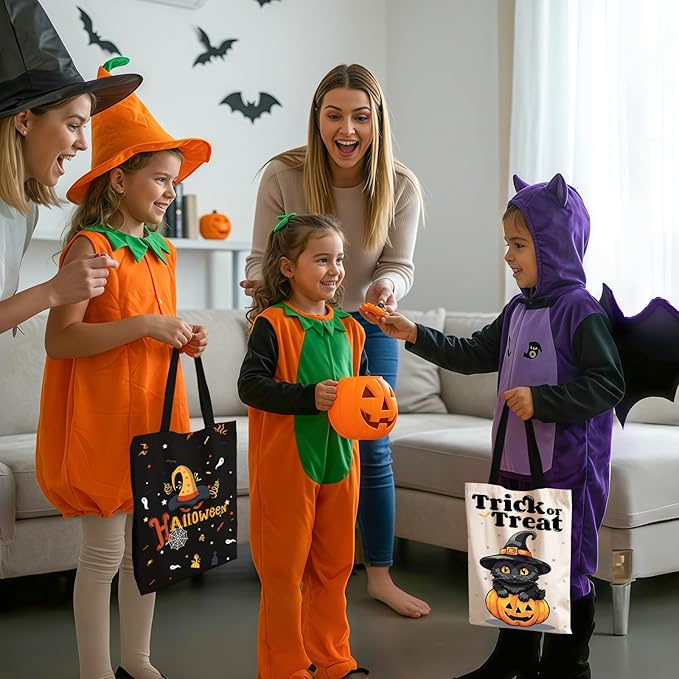 TYL&TYS Halloween Treat Bags, 3Pcs Trick or Treating Bags, Halloween Candy Canvas Tote Gift Bags (Trick or Treat, Cat, Pumpkin), Reusable Grocery Boo Basket Bag for Kids