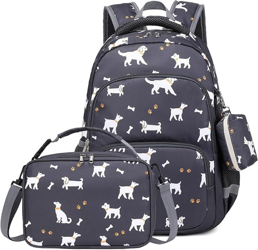 mygreen 3PCS Kids Backpack Set - Waterproof Bookbag with Lunch Box for Boys Ages 3-12, Adorable Cartoon Prints for School & Outdoor Use Grey Dogs
