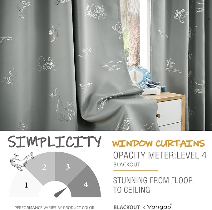 Vangao Kids Curtains for Boys Bedroom Kids Blackout Curtains 84 Inch Length Ocean Aquarium Nursery Drapes for Girls Bedroom Silver Sea Animals Print Thermal Insulated Drapes, Grey 2 Panels