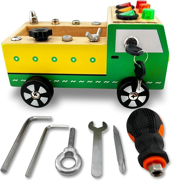 Toddler Montessori Busy Board - Wooden Educational Toy with Lights, Switches, Relay, Key, Bulbs, Sensory Board on Wheels - Preschool Motor Skills Learning Activities - Christmas & Birthday Gift