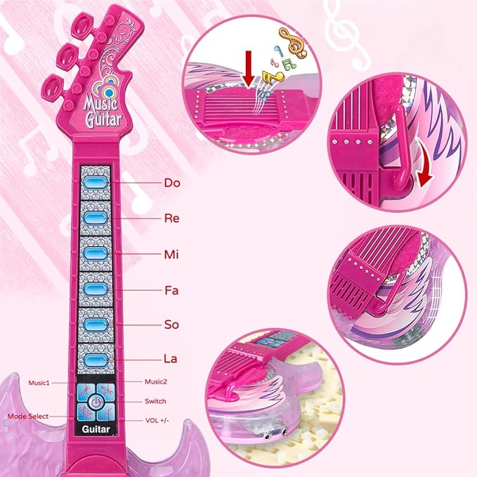 TAKIHON Guitar and Microphone Set for Kids,Guitar Toys with Music&Colorful Light,Adjustable Height Microphone with Stand,Karaoke Toys Gift for Boy,Girls,Toddlers(Red)-Upgraded