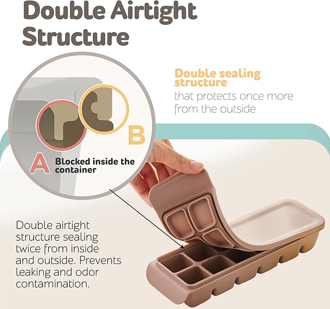 Silicone Freezer Trays with Lid,0.7oz 12 Section-Leak Proof Silicone Freezer molds for Homemade Baby Food Breastmilk, Purees, Vegetables, Fruit, Baby Food Jars Ice Tray with Lid BPA Free Brown