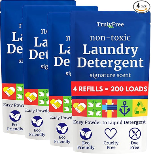 Natural Laundry Detergent for Sensitive Skin | Eco Friendly, Plant Based, Baby Clothes Safe | Clean & Easy Powder to Liquid, 4 Pack Refill Detergent, NO Jug | Signature Scent, 200 Loads
