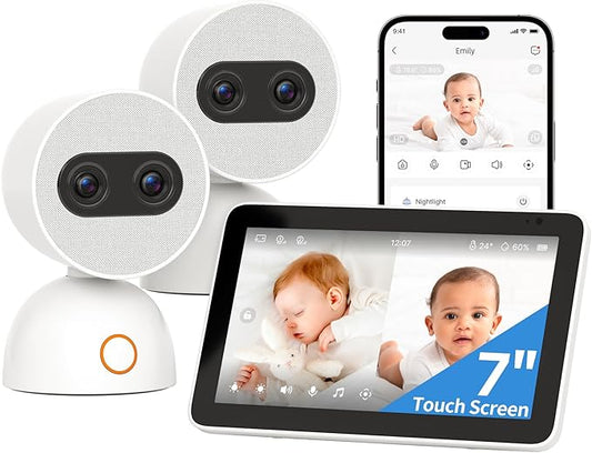 Simsky Split Screen Video Baby Monitor with 2 Cameras, Dual 4MP Cameras with 6X Zoom, 7" UHD Touch Screen Portable Audio Baby Monitor, App Remote Access, 5200mAh Battery, 32GB Local Storage