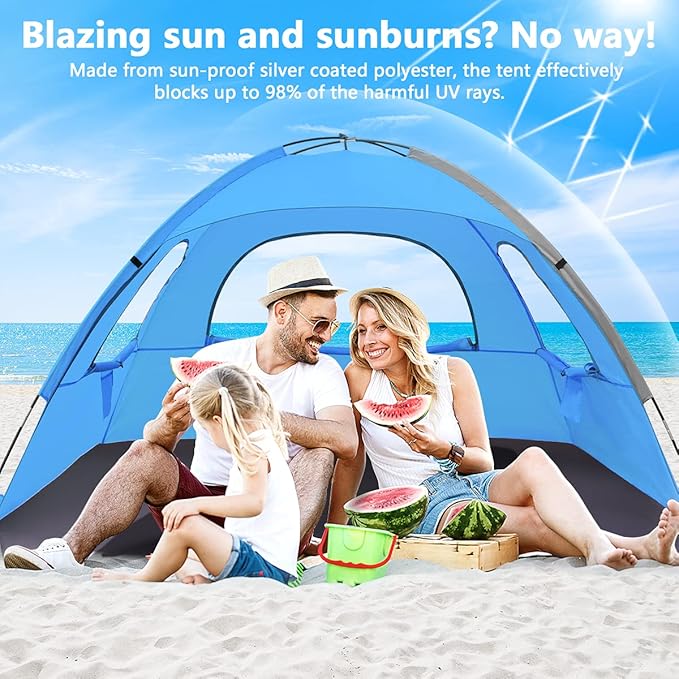 NXONE Beach Tent Sun Shade Shelter for 3/4/6 Person Person with UV Protection, Extended Floor, 3 Mesh Roll Up Windows & 8.0/8.5mm Fiberglass Rods丨Carry Bag Included