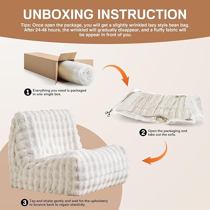 Modern Bean Bag Chair, Large Bean Bag Couch for Adults with Memory Foam Filled, Soft Faux Bunny Fur Lazy Chair for Living Room Bedroom Dorm Apartment, No Assembly Required, White