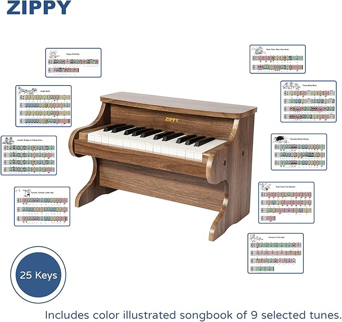 ZIPPY Kids Piano Keyboard, 25 Keys Digital Piano for Kids, Mini Music Educational Instrument Toy, Wood Toy for Toddlers Girls Boys (Walnut)