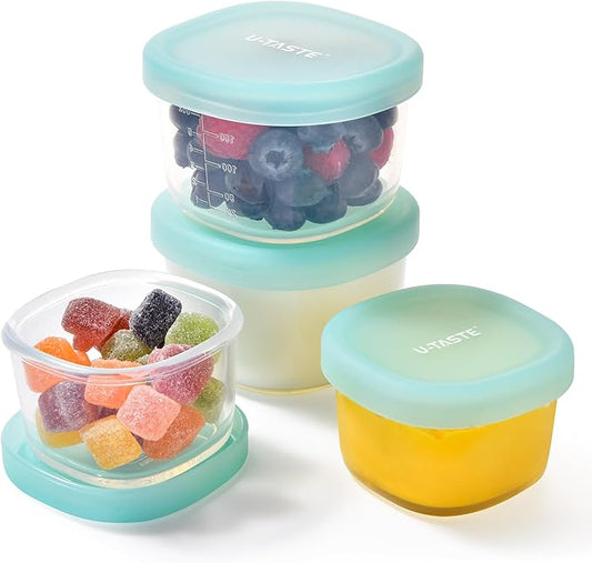 U-Taste 3oz 6oz Small Storage Containers: Food Grade Liquid-Silicone Freezer Box with Airtight Lid, Microwave Safe with Clear Measurements, Reusable for Meal Prepping Portion (Set of 4, Aqua Sky)