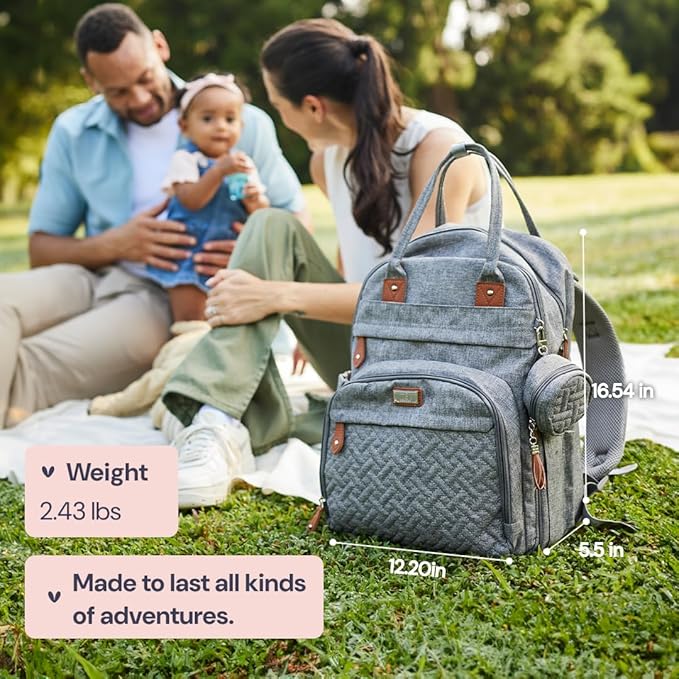 BabbleRoo Diaper Bag Backpack - Baby Essentials Travel Tote - Multi Function Waterproof Diaper Bag, Travel Essentials Baby Bag with Changing Pad, Stroller Straps & Pacifier Case - Unisex, Light Gray