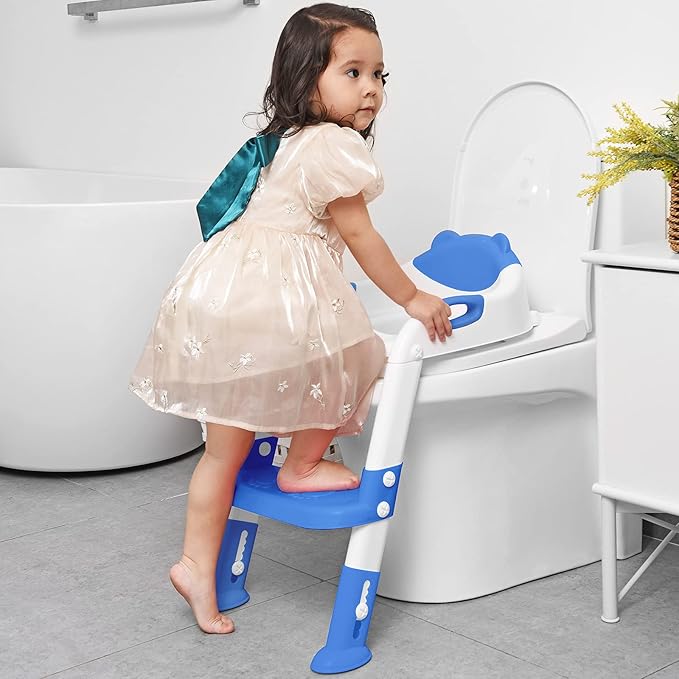 Potty Training Seat with Step Stool Ladder, SKYROKU Potty Training Toilet for Kids Boys Girls Toddlers - Comfortable Safe Potty Seat with Anti-Slip Pads Ladder Navy Blue