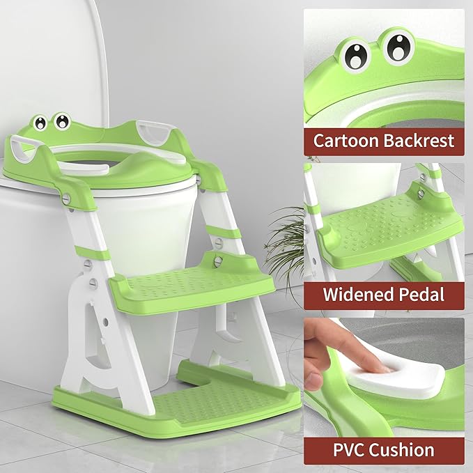 Potty Training Seat, Upgrade 2 in 1 Potty Training Toilet for Toddler, Toddler Toilet Seat for Boys Girls with Splash Guard, Anti-Slip Pad and Step Stool (Green)