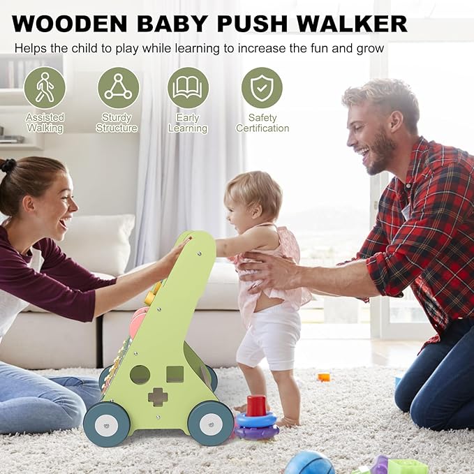 Wooden Baby Walker Wheels,Baby Push Walker for Babies 6-12 Months Montessori,Toddler Walker Push Toy Wooden Activity Walker for Baby Boy,Walking Toys for 1 Year Old Learning to Walk Girl Christmas