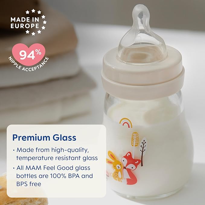 MAM Premium Glass Baby Bottles, Easy Switch Between Breast and Bottle, Feel Good Slow Flow, Newborn Essentials Must Have, 0+ Months, BPA Free, 6oz, Unisex, 3 Pack
