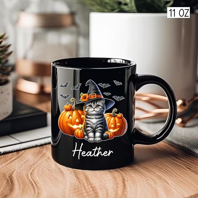 Customized American Shorthair Wearing Witch Hat Cup, Personalized Name American Shorthair Coffee Mugs, Cat with Pumpkins Ceramic Cups, Cat Halloween Black Mug 11oz 15oz, Gift for Halloween