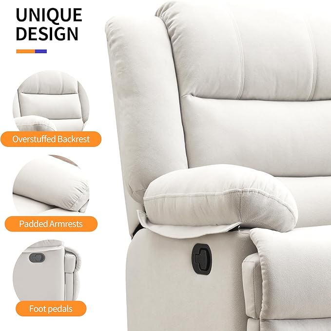 Swivel Rocking Recliner Chair for Adults, Overstuffed Manual Glider Rocker Recliner Chairs, Upholstered Reclining Single Sofa for Living Room Nursery (Beige)