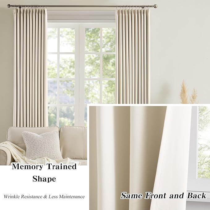 KEQIAOSUOCAI Pleated 60 Wide Curtains for Windows 105 inch Length - Solid Thermal Insulated Pinch Pleats Panels for Living Room (Cream Beige, W60 x L105, 2 Panels = 120" Wide)