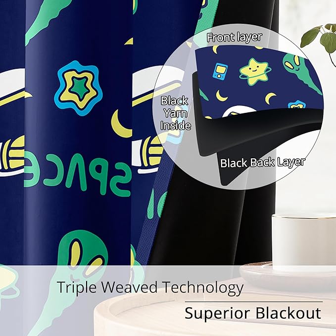 Kids Space Alien Blackout Curtains - 100% Blackout, Thermal Insulated, Noise Reducing, Perfect for Kids Room and Nursery, 2 Panels (Friendly Alien, W52×L84)