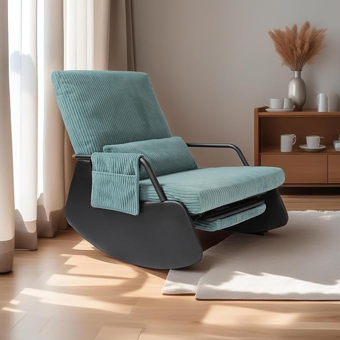 Rocking Chair for Nursery, Modern Upholstered Plush Seating Glider Recliner Chair with High Backrest and Side Pocket, Accent Armchair with Cushions for Living Room/Reading (Cyan Blue)