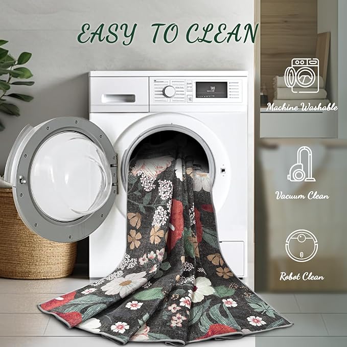 Area Rug Living Room Rugs: 5x7 Washable Rug Vintage Floral Soft Boho Non Slip Carpet Indoor Floor Non Shedding Low Pile Thin Carpets for Bedroom Dining Room Farmhouse Nursery Home Office Green