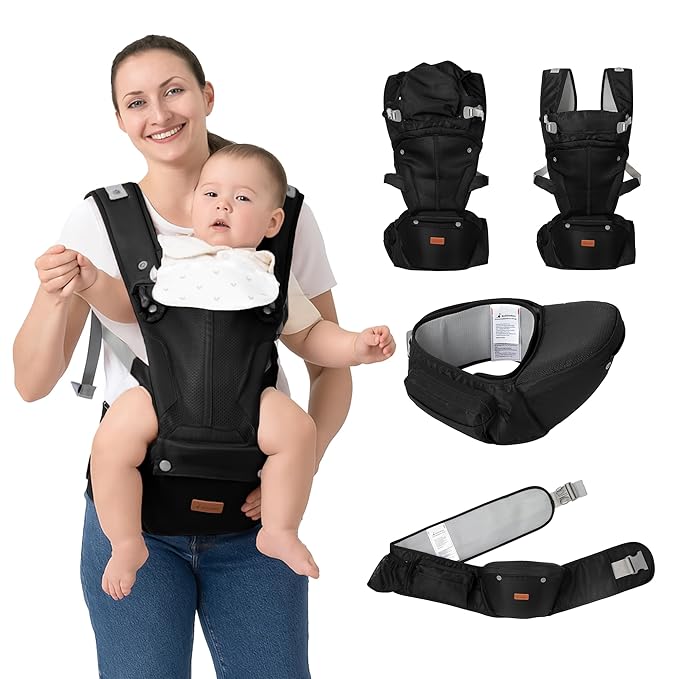BabbleRoo Grow Carrier – Safety-Certified 6-in-1 Baby Carrier with Hip Seat, Ergonomic & Adjustable Toddler Carrier 7-50 lbs with Hip Support, Hood for Sun Protection, Newborn to Toddler, Black