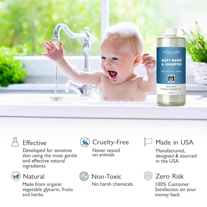 SoCal Suds & Company - 2-in-1 Organic Foaming Baby Wash Castile Soap & Shampoo Refill - Gentle Body Soap for Sensitive Gentle Bath -Nourishing Soothing Ingredients -Newborn Baby - Fragrance Free, 32oz