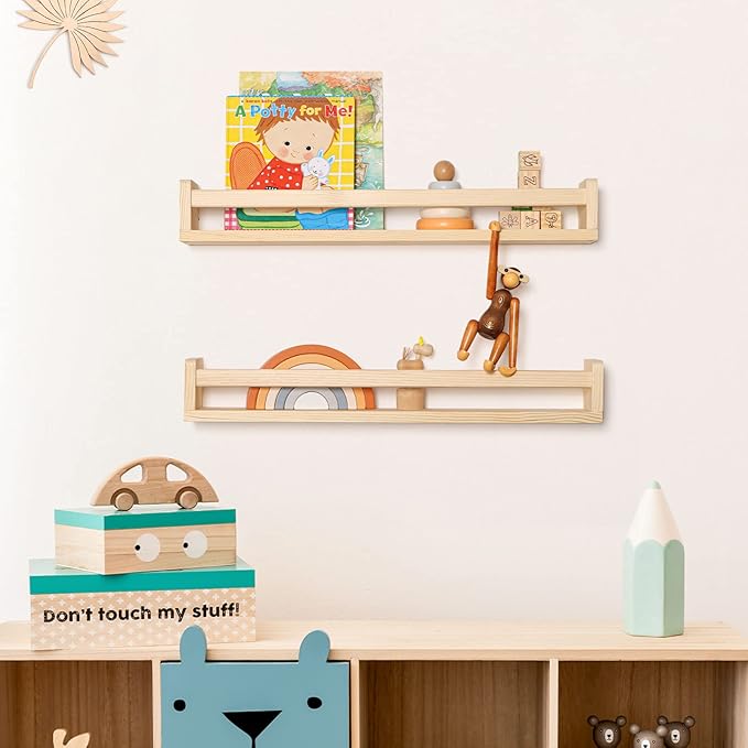 Fun Memories Nursery Book Shelves - Rustic Natural Solid Wood Floating Bookshelf for Kids - Wall Book Shelves for Kids Room (Natural, 24inch - 4P)