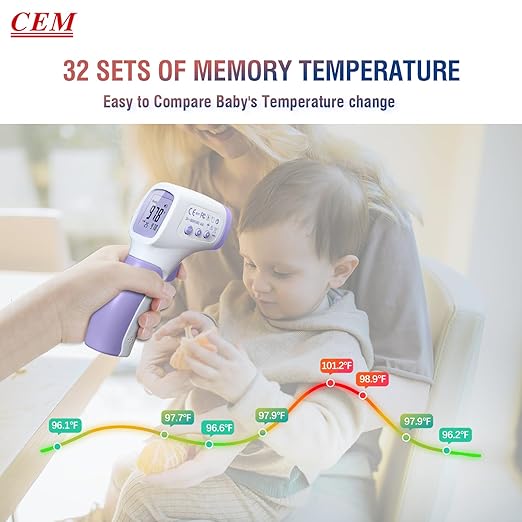 CEM DT-8806 Digital Thermometer for Adults and Kids, No Touch Forehead Thermometer for Baby, 2 in 1 Body Surface Mode Infrared Thermometer with Fever Alarm and Instant Accuracy Readings, Purple