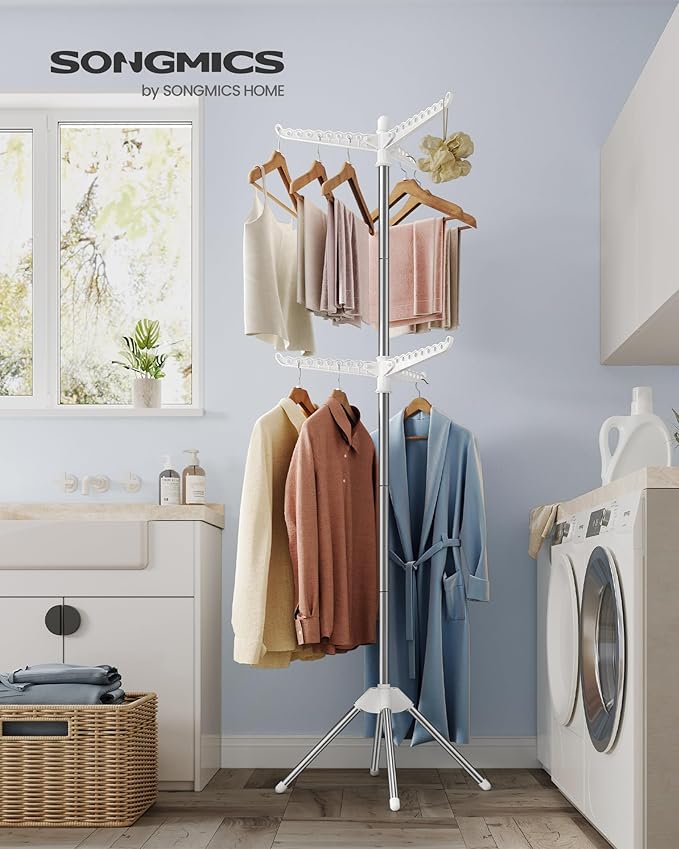 SONGMICS 2-Tier Clothes Drying Rack, 75.2-Inch Folding Laundry Drying Rack with 6 Rotatable Arms for Hangers, Stainless Steel, for 54 Pieces of Clothes, White and Silver ULLR514W01